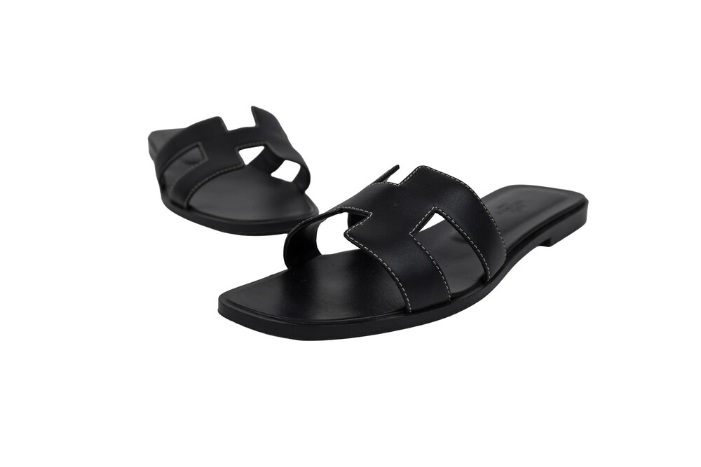 Hermès Black Oran Sandals Top Stitch Box Calf Leather Size 38.5